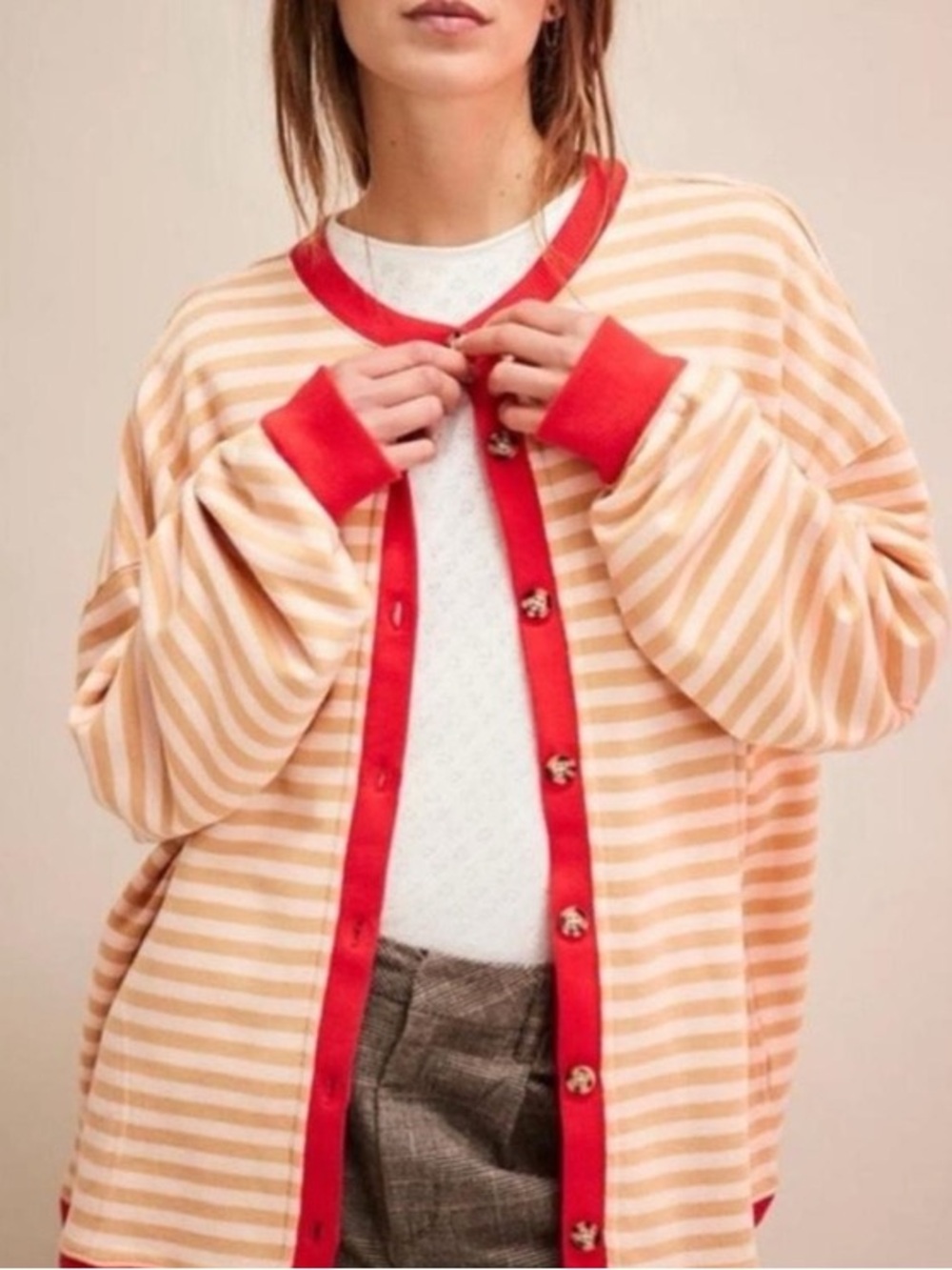 Free People Cream and Red Striped Button-Front Cardigan